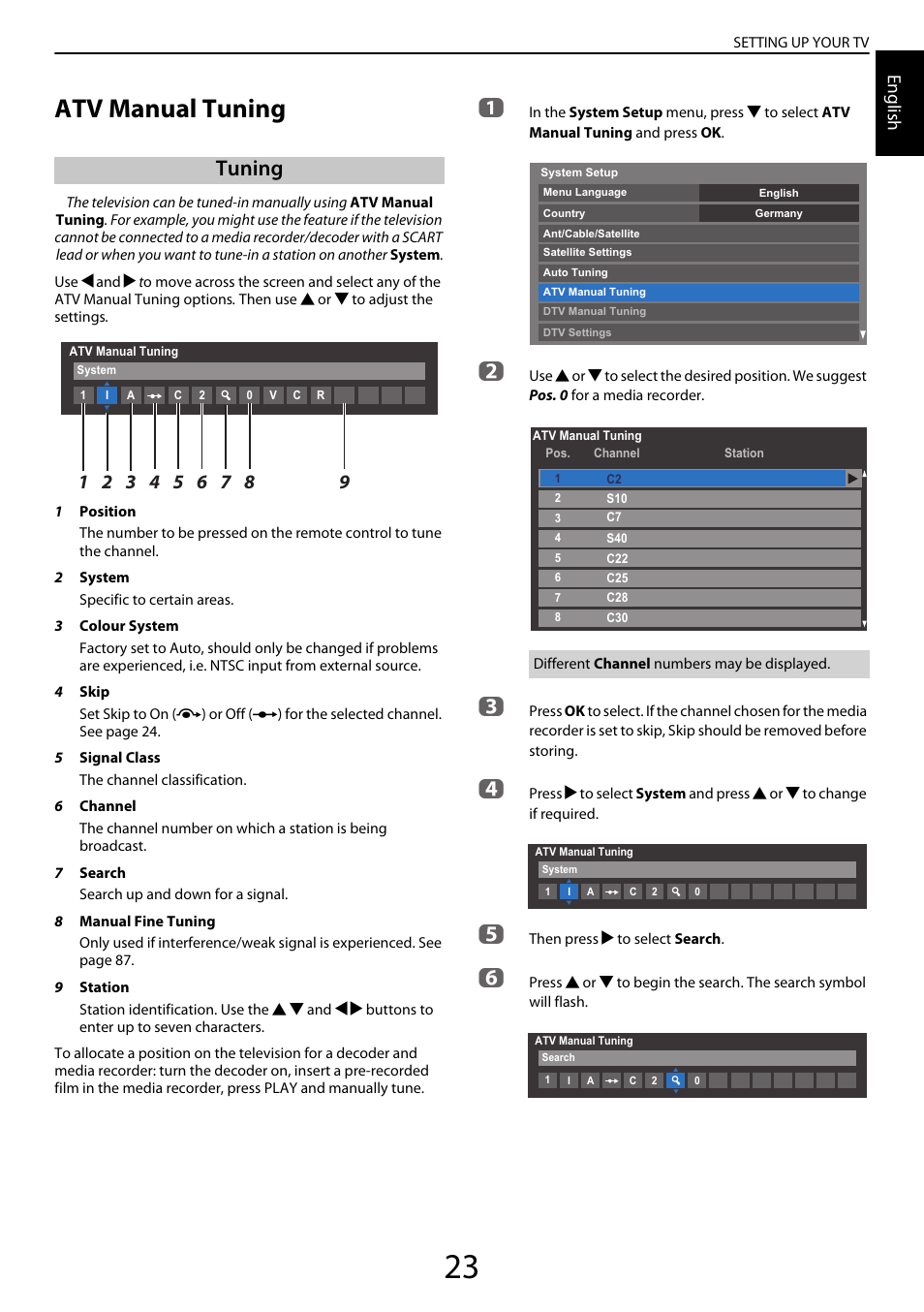 Atv manual tuning, Tuning, English | Toshiba YL985 User Manual | Page 23 / 102