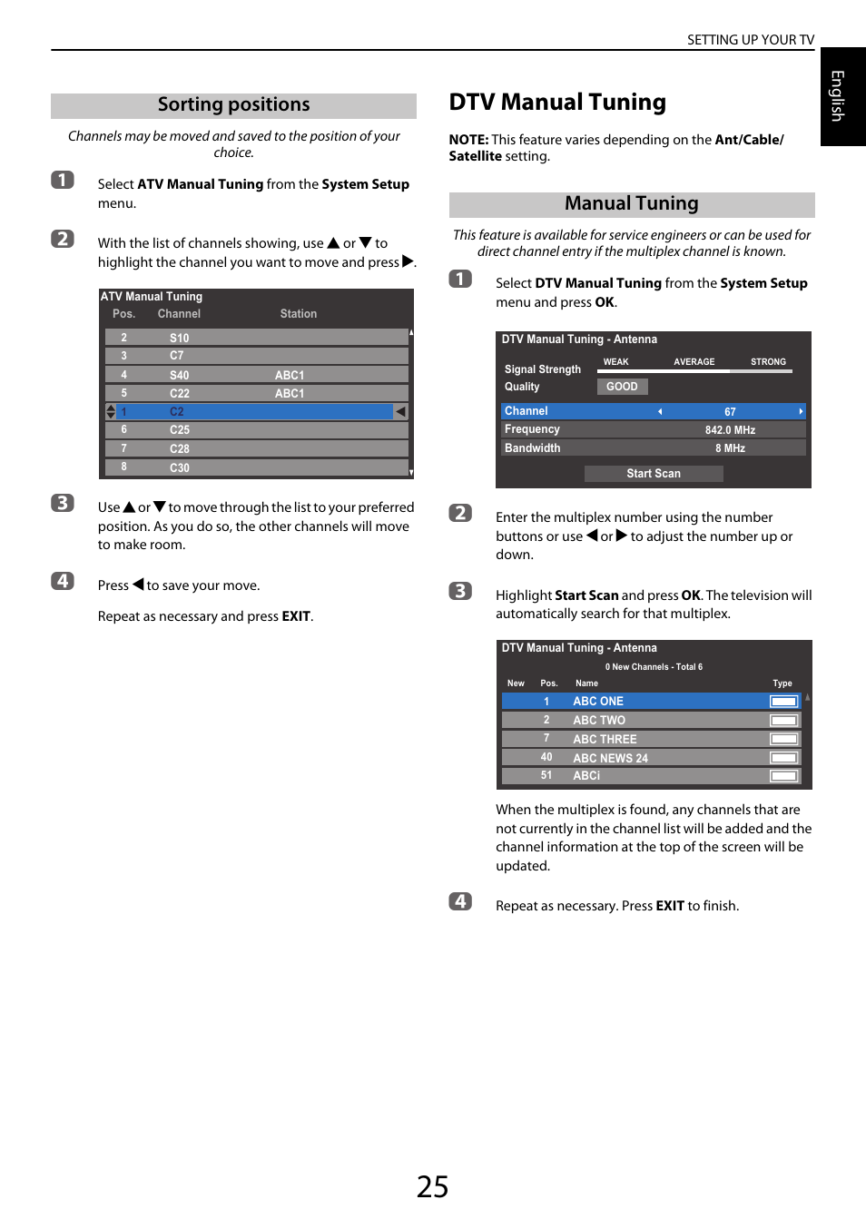 Sorting positions, Dtv manual tuning, Manual tuning | English | Toshiba YL985 User Manual | Page 25 / 102