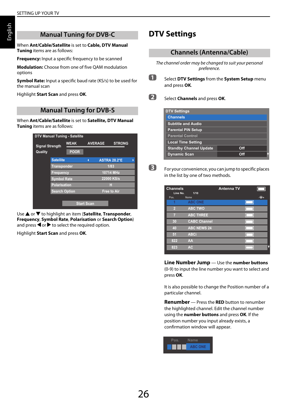 Manual tuning for dvb-c, Manual tuning for dvb-s, Dtv settings | Channels (antenna/cable), Manual tuning for dvb-c manual tuning for dvb-s, English, Line number jump, Renumber | Toshiba YL985 User Manual | Page 26 / 102