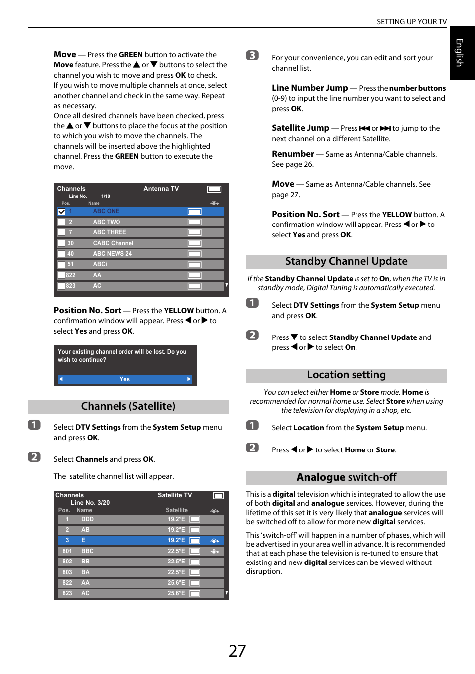 Channels (satellite), Standby channel update, Location setting | Analogue switch-off, English | Toshiba YL985 User Manual | Page 27 / 102