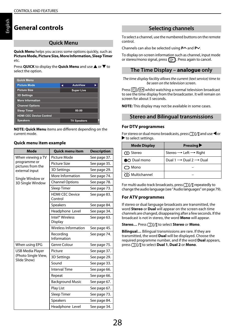 Controls and features, General controls, Quick menu | Selecting channels, The time display – analogue only, Stereo and bilingual transmissions, English | Toshiba YL985 User Manual | Page 28 / 102