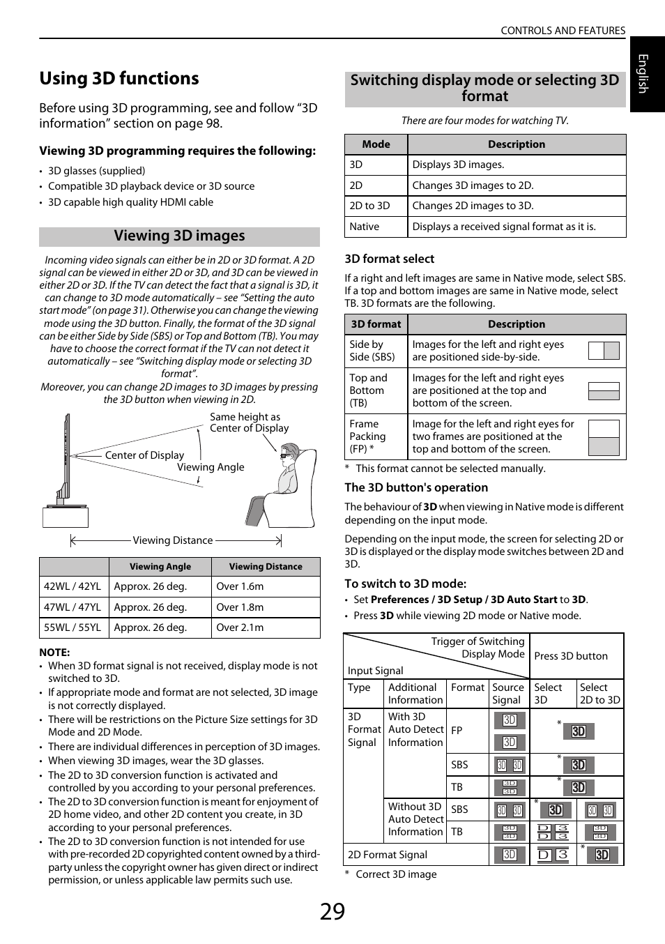 Using 3d functions, Viewing 3d images, Switching display mode or selecting 3d format | English | Toshiba YL985 User Manual | Page 29 / 102