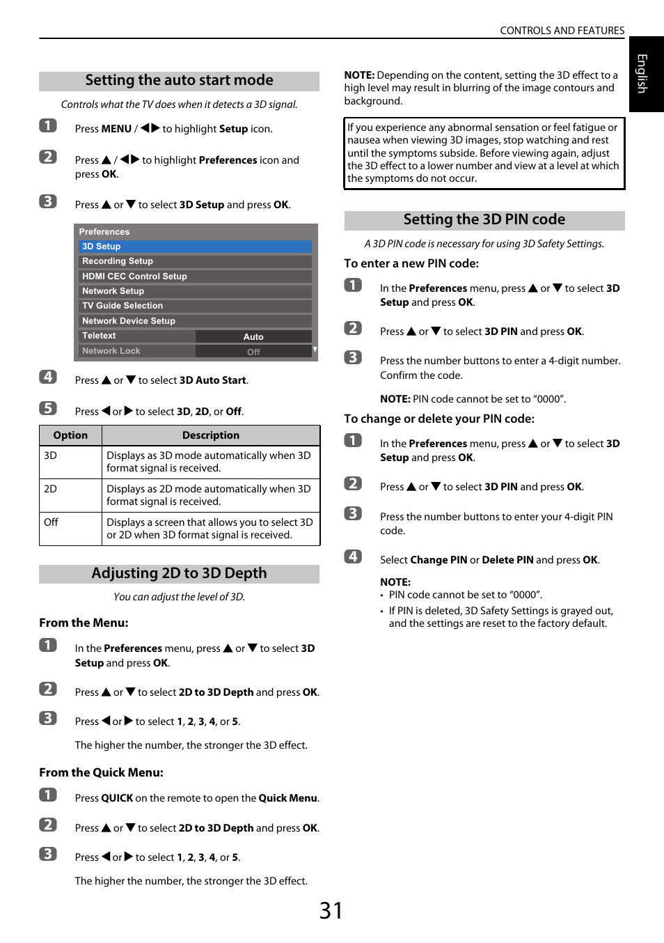 Setting the auto start mode, Adjusting 2d to 3d depth, Setting the 3d pin code | Toshiba YL985 User Manual | Page 31 / 102