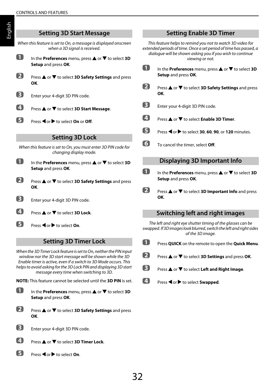 Setting 3d start message, Setting 3d lock, Setting 3d timer lock | Setting enable 3d timer, Displaying 3d important info, Switching left and right images | Toshiba YL985 User Manual | Page 32 / 102