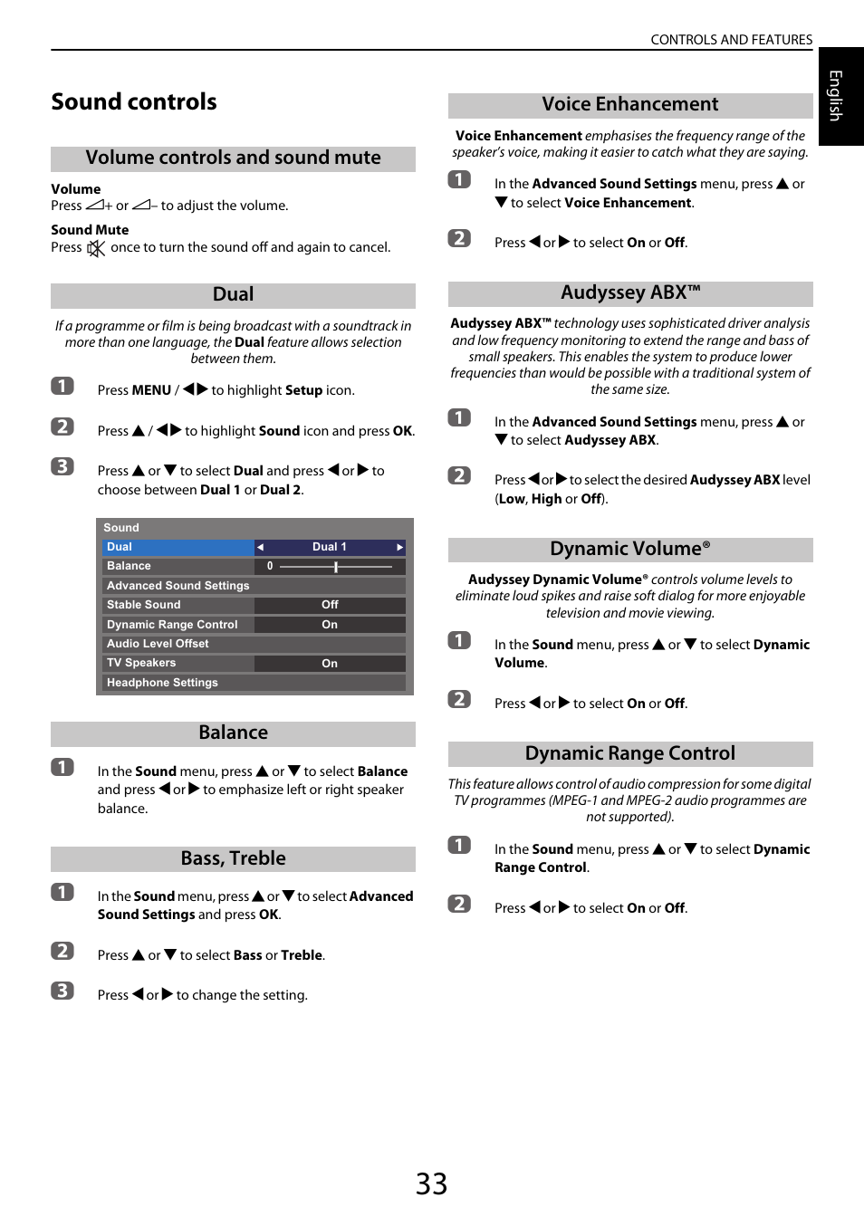 Sound controls, Volume controls and sound mute, Dual | Balance, Bass, treble, Voice enhancement, Audyssey abx, Dynamic volume, Dynamic range control | Toshiba YL985 User Manual | Page 33 / 102