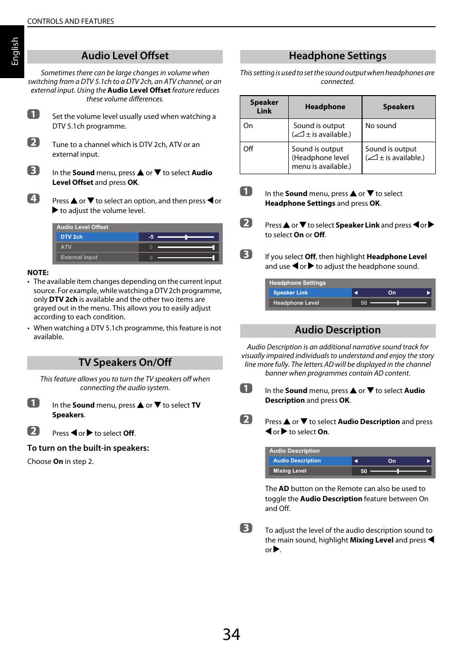 Audio level offset, Tv speakers on/off, Headphone settings | Audio description, Audio level offset tv speakers on/off | Toshiba YL985 User Manual | Page 34 / 102