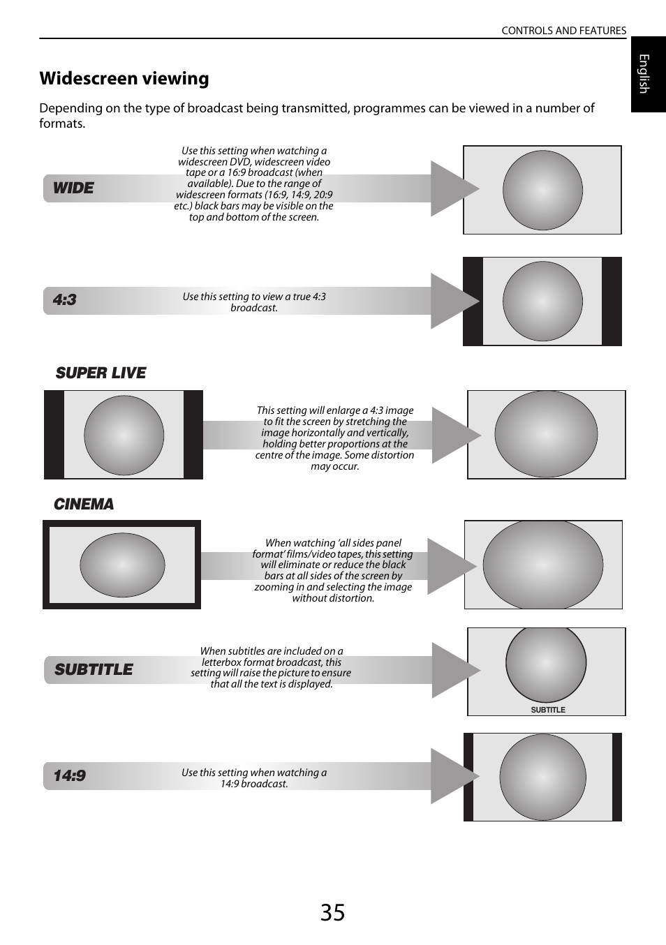 Widescreen viewing, Subtitle, Super live | Cinema, Wide | Toshiba YL985 User Manual | Page 35 / 102