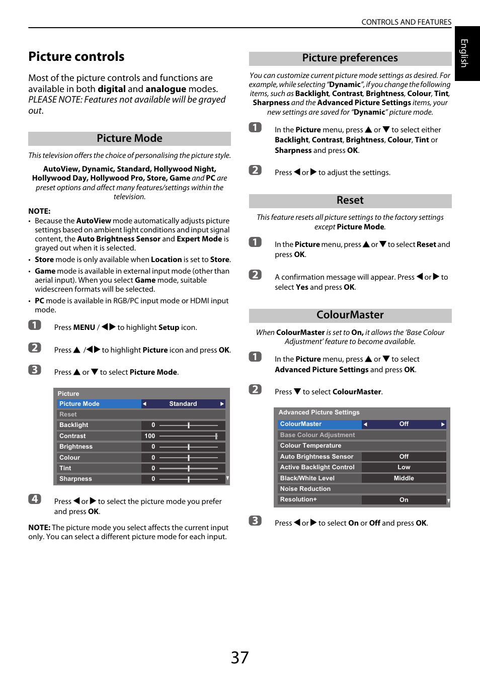 Picture controls, Picture mode, Picture preferences | Reset, Colourmaster, Picture preferences reset colourmaster | Toshiba YL985 User Manual | Page 37 / 102