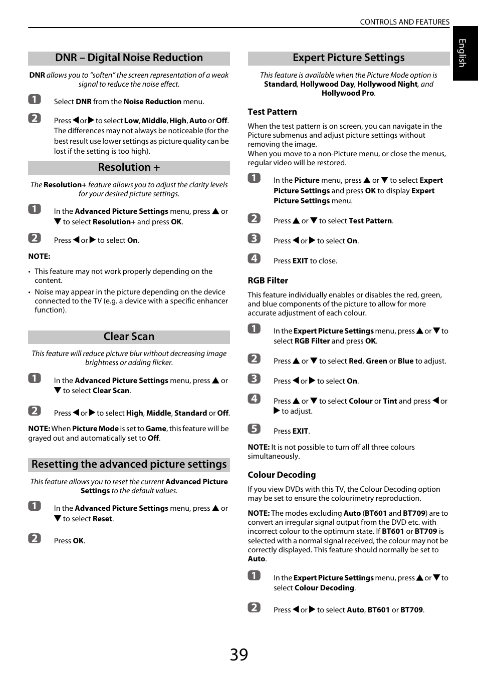 Dnr – digital noise reduction, Resolution, Clear scan | Resetting the advanced picture settings, Expert picture settings | Toshiba YL985 User Manual | Page 39 / 102