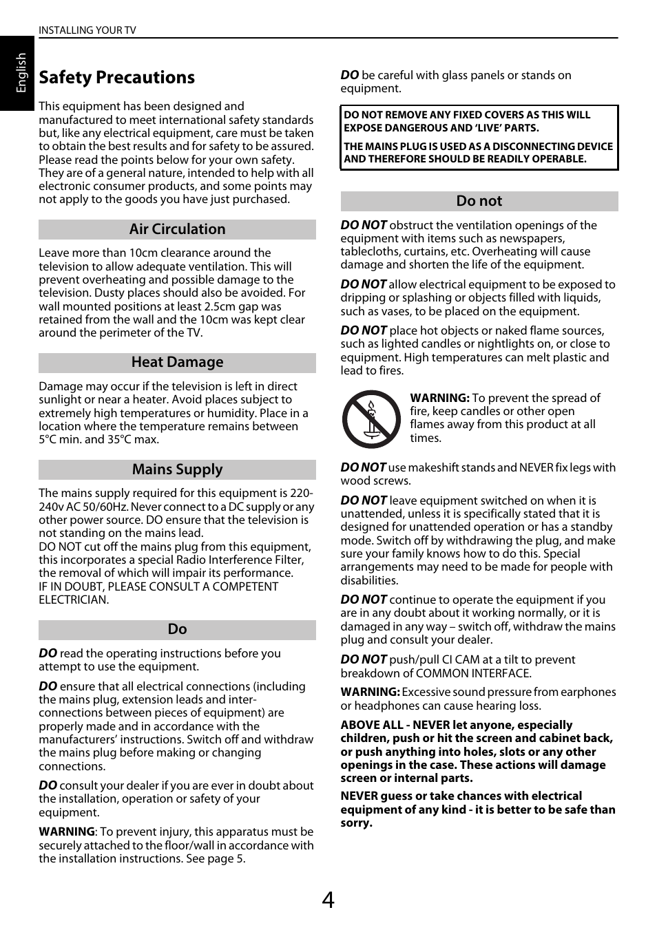 Installing your tv, Safety precautions | Toshiba YL985 User Manual | Page 4 / 102