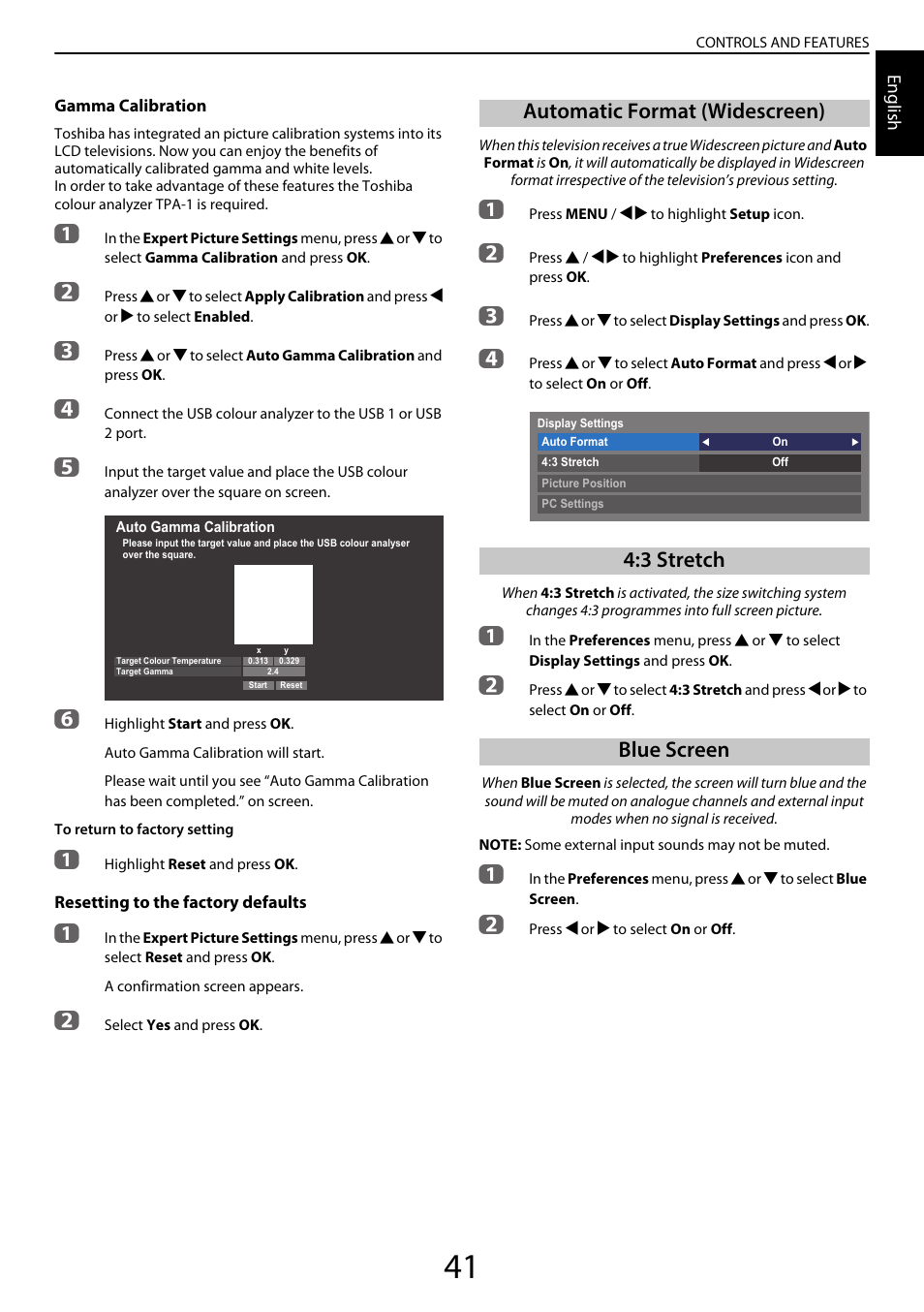 Automatic format (widescreen), 3 stretch, Blue screen | Toshiba YL985 User Manual | Page 41 / 102