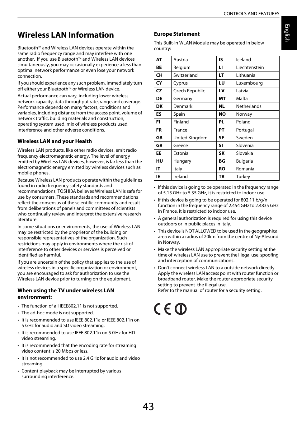 Wireless lan information, English | Toshiba YL985 User Manual | Page 43 / 102