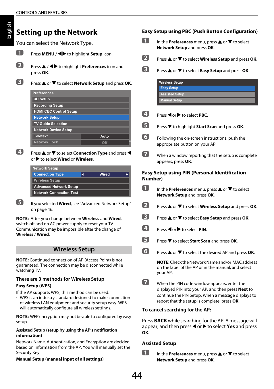 Setting up the network, Wireless setup | Toshiba YL985 User Manual | Page 44 / 102