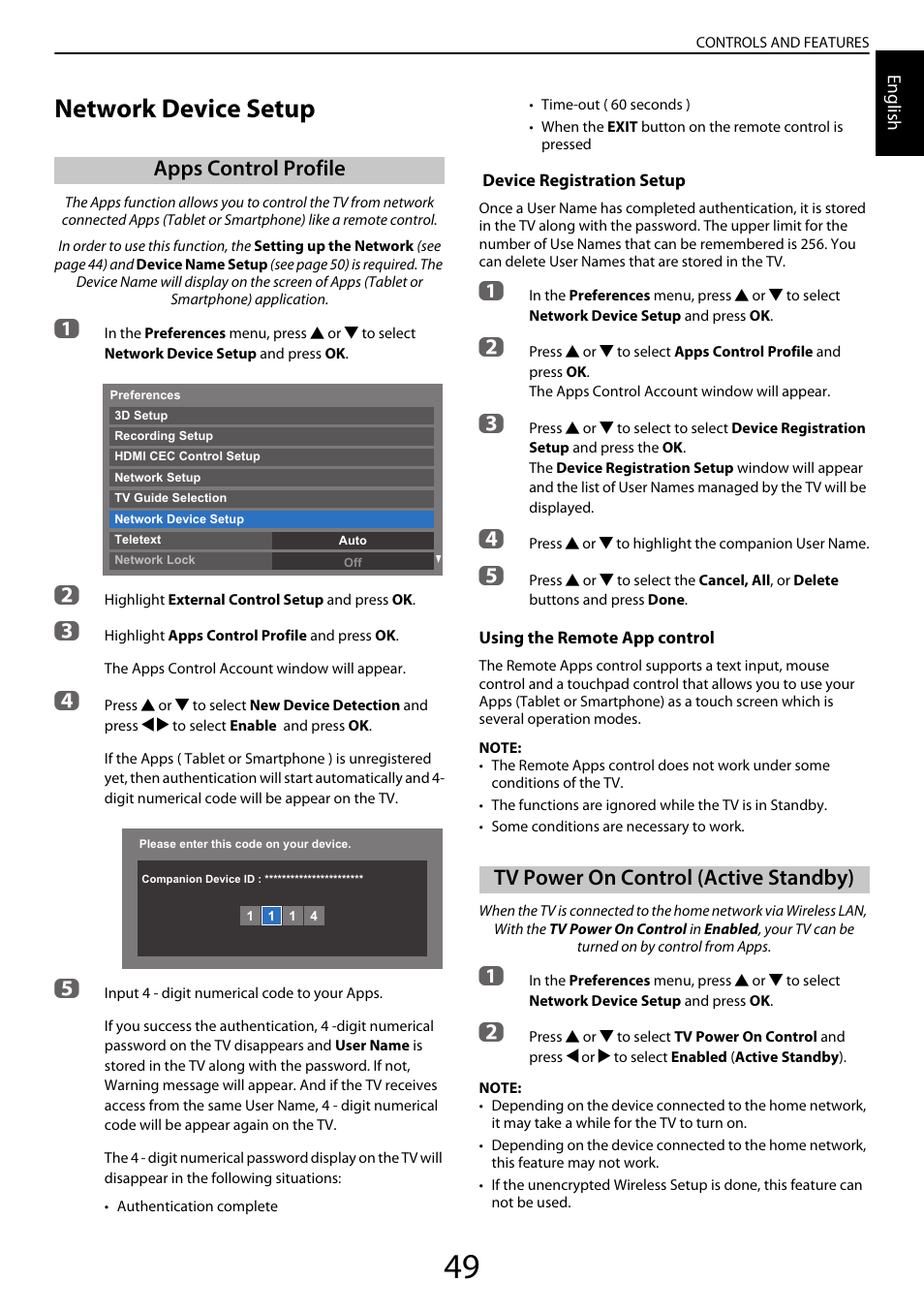 Network device setup, Apps control profile, Tv power on control (active standby) | Toshiba YL985 User Manual | Page 49 / 102