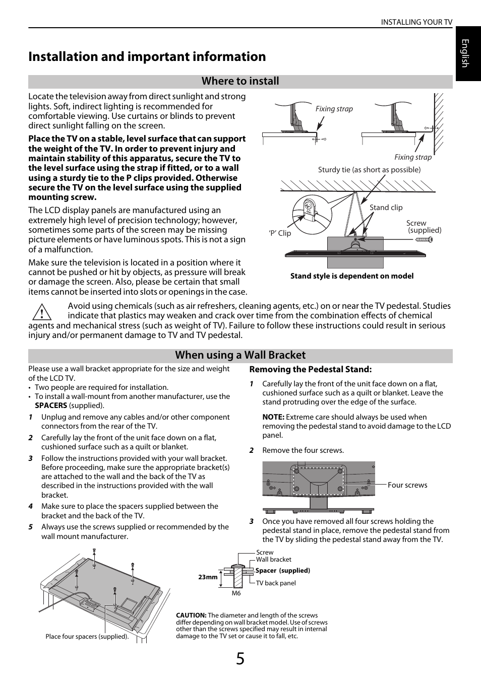 Installation and important information, Where to install, When using a wall bracket | Toshiba YL985 User Manual | Page 5 / 102