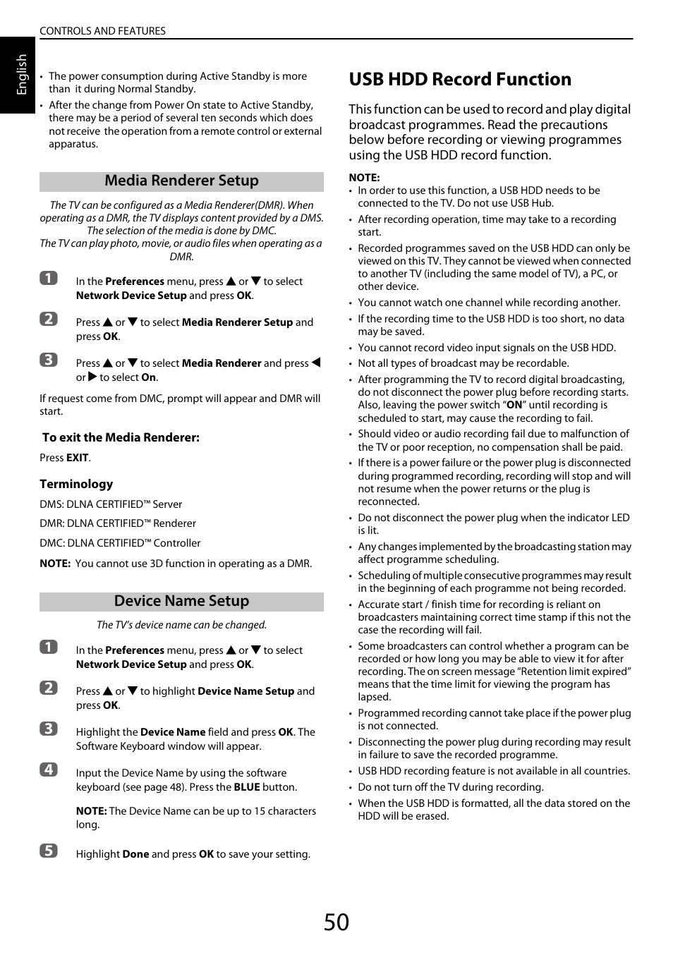 Media renderer setup, Device name setup, Usb hdd record function | Media renderer setup device name setup | Toshiba YL985 User Manual | Page 50 / 102