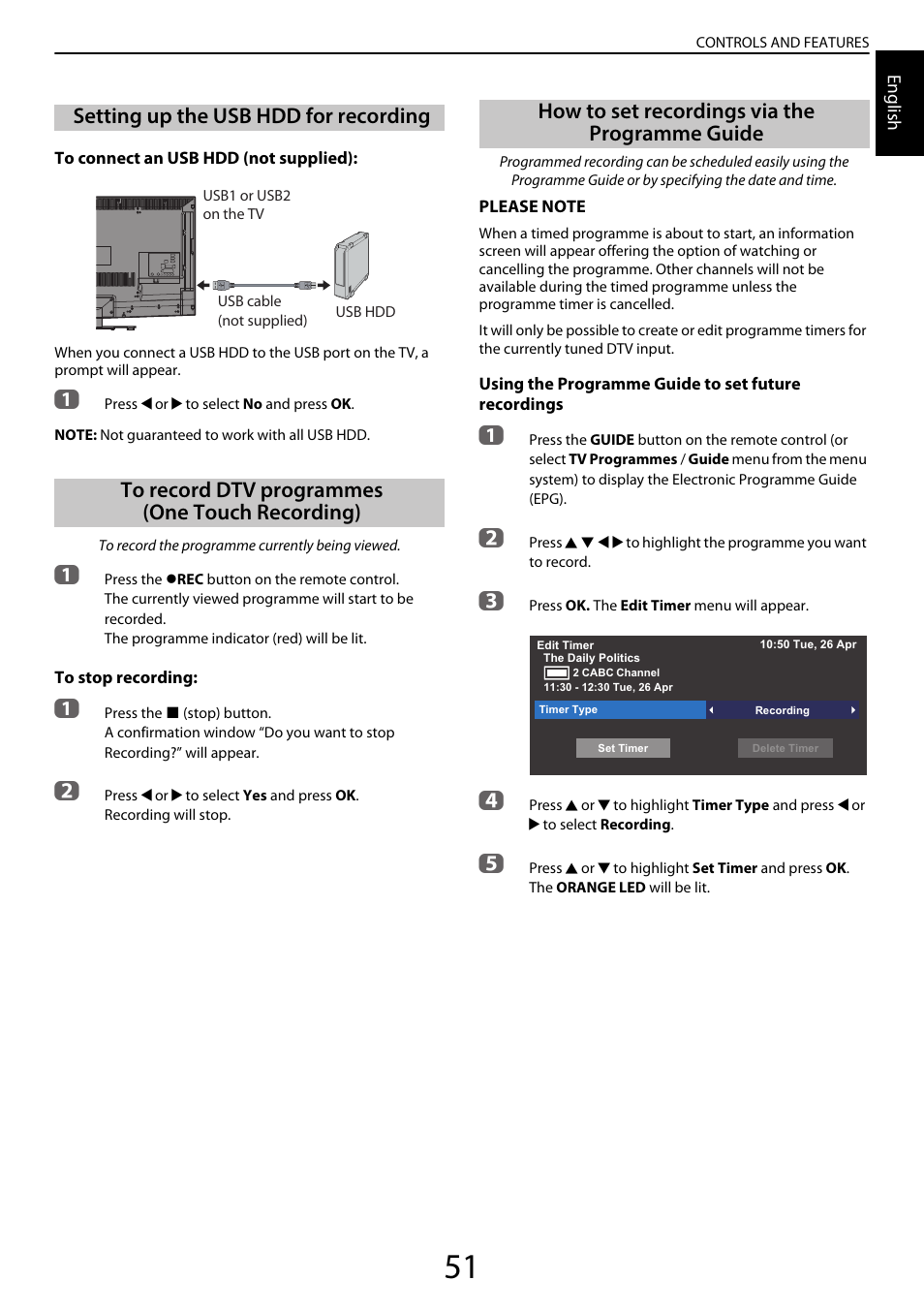 Setting up the usb hdd for recording, To record dtv programmes (one touch recording), How to set recordings via the programme guide | One touch recording) | Toshiba YL985 User Manual | Page 51 / 102