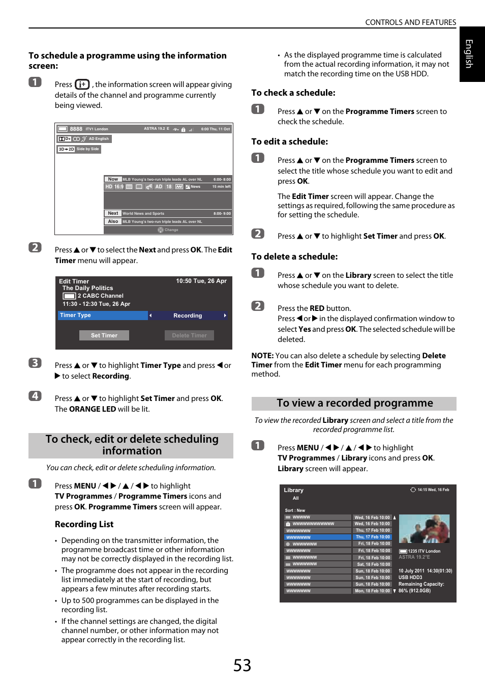 To check, edit or delete scheduling information, To view a recorded programme, English | Recording list | Toshiba YL985 User Manual | Page 53 / 102