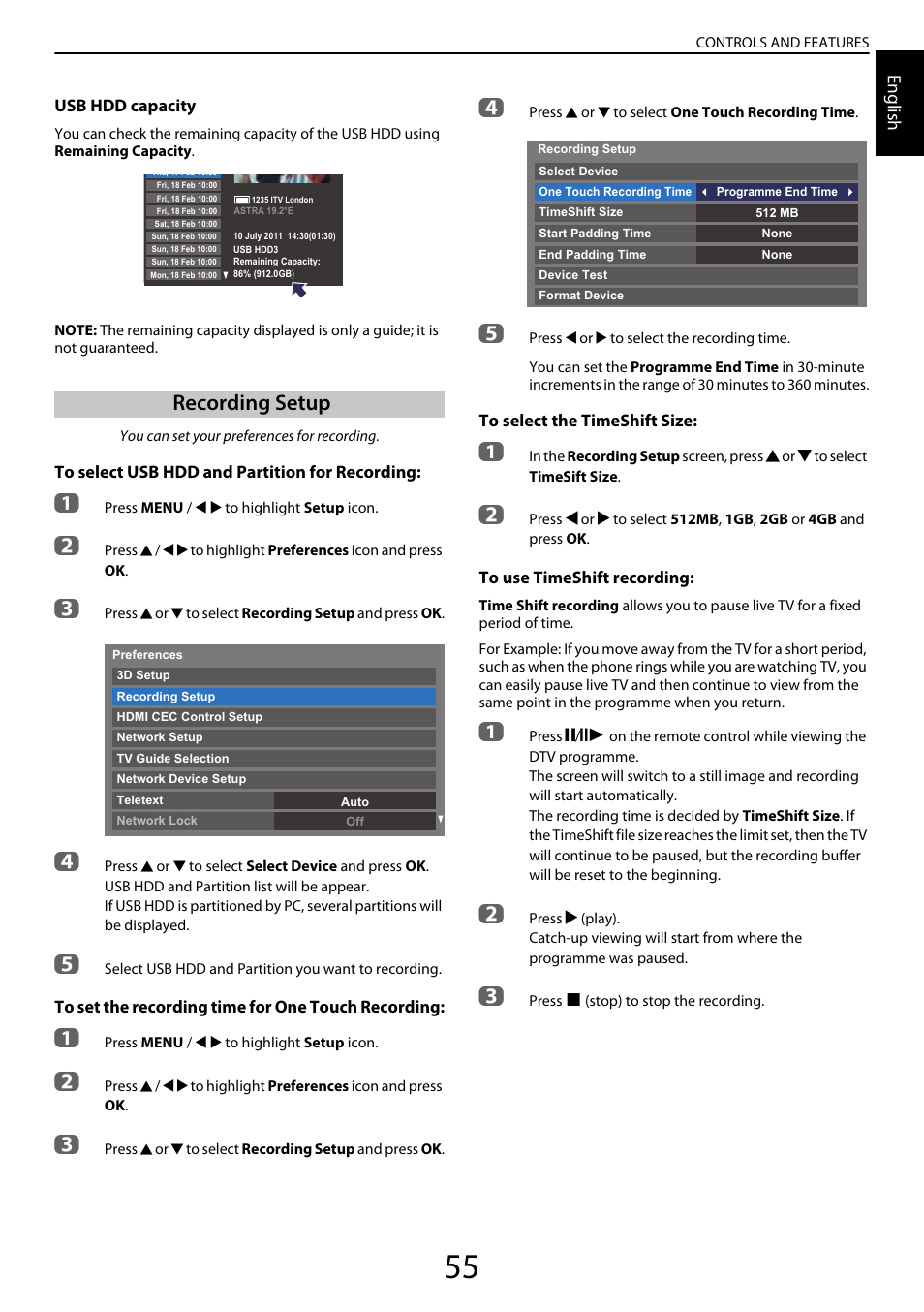 Recording setup, English | Toshiba YL985 User Manual | Page 55 / 102