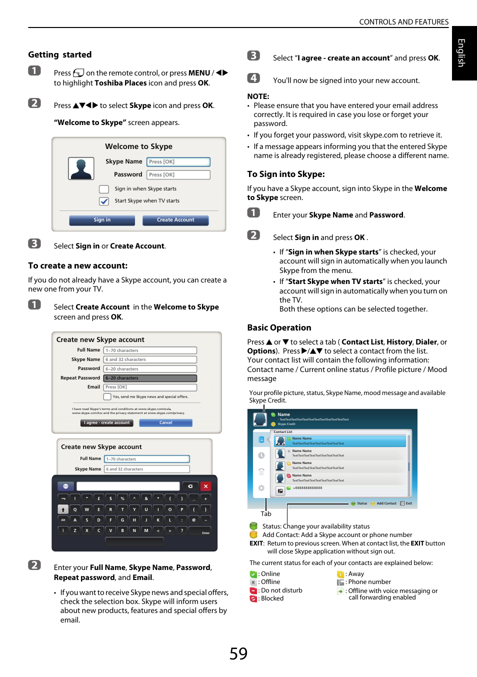 English, Getting started, Basic operation | Controls and features, Select sign in or create account, Enter your skype name and password | Toshiba YL985 User Manual | Page 59 / 102