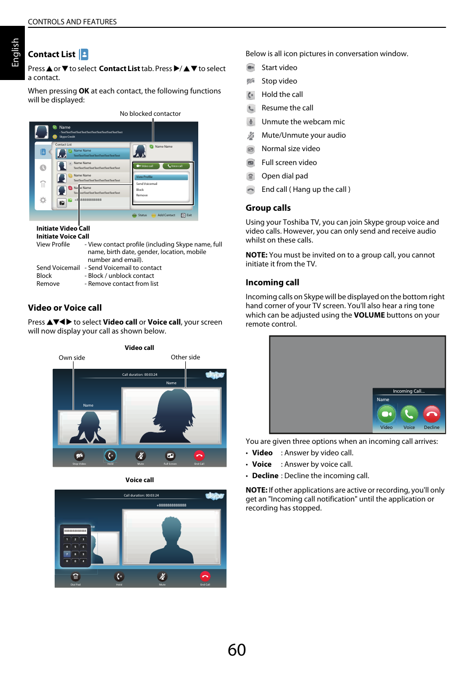 English, Contact list, Video or voice call | Group calls, Incoming call, Controls and features | Toshiba YL985 User Manual | Page 60 / 102