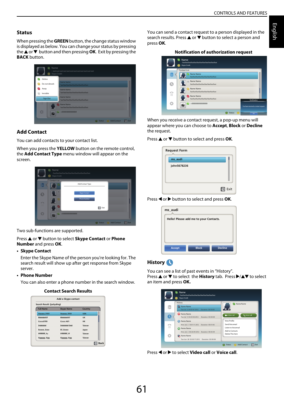 English, Status, Add contact | History, Controls and features, Contact search results, Notification of authorization request | Toshiba YL985 User Manual | Page 61 / 102