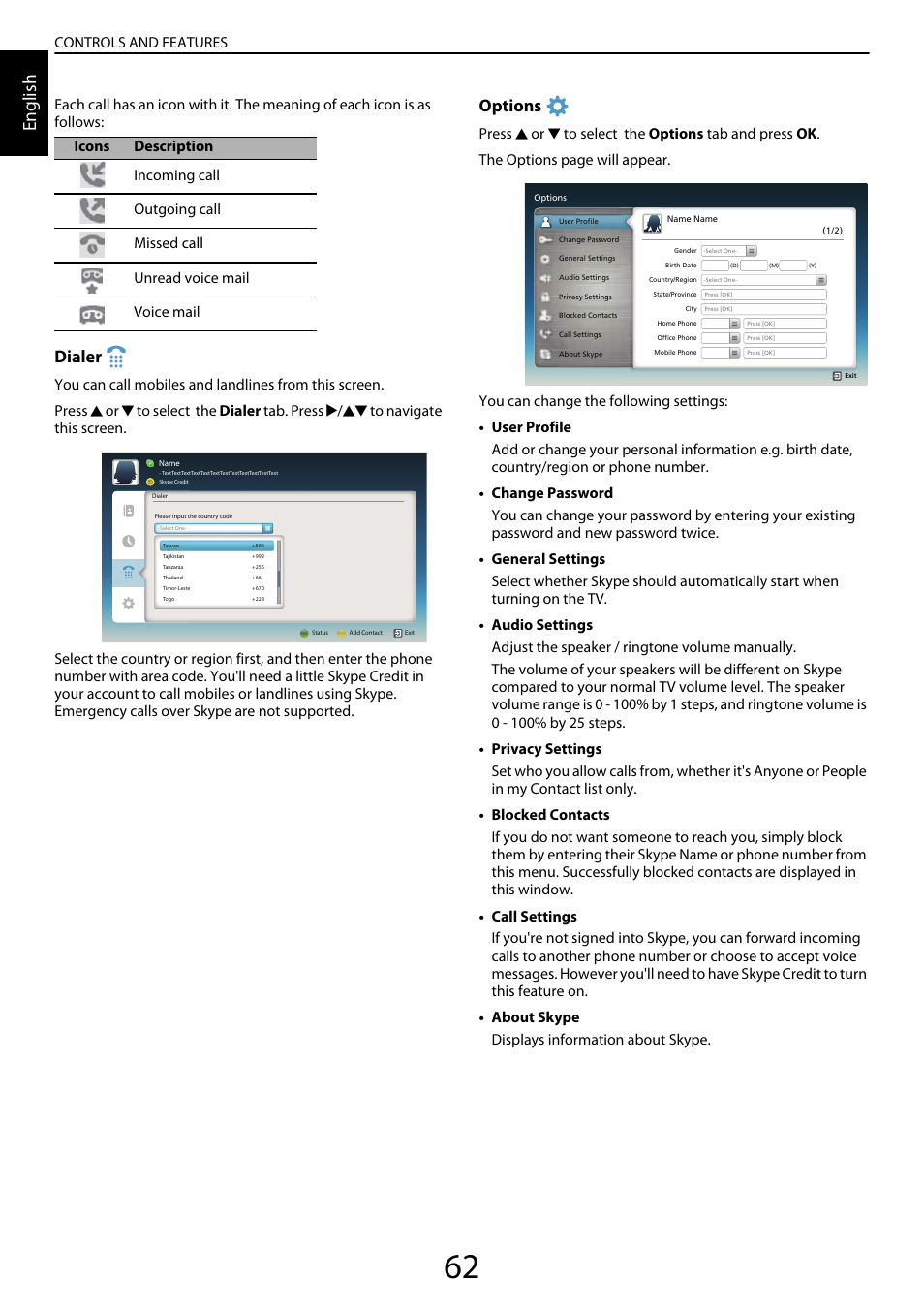 English, Dialer, Options | Controls and features | Toshiba YL985 User Manual | Page 62 / 102