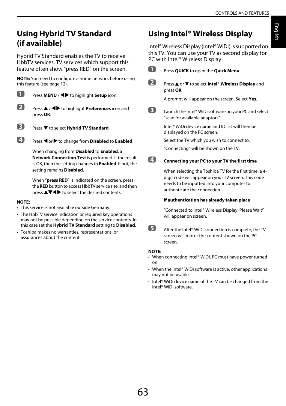 Using hybrid tv standard (if available), Using intel® wireless display | Toshiba YL985 User Manual | Page 63 / 102