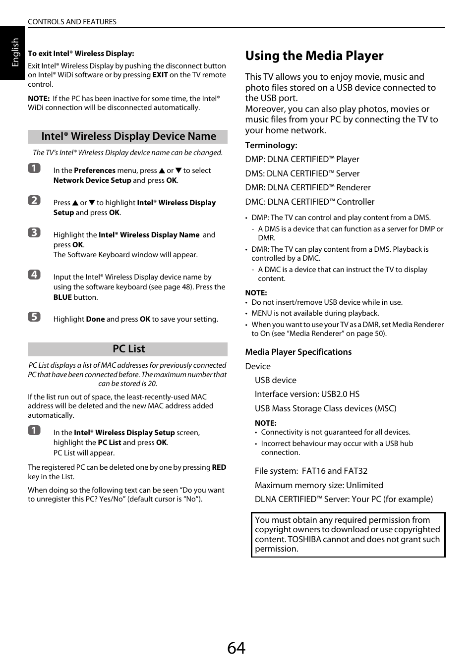 Intel® wireless display device name, Pc list, Using the media player | Intel® wireless display device name pc list | Toshiba YL985 User Manual | Page 64 / 102