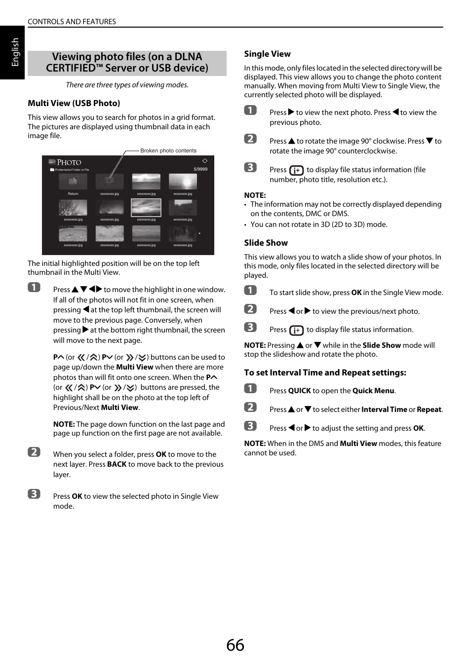 Viewing photo files, On a dlna certified™ server or usb device) | Toshiba YL985 User Manual | Page 66 / 102