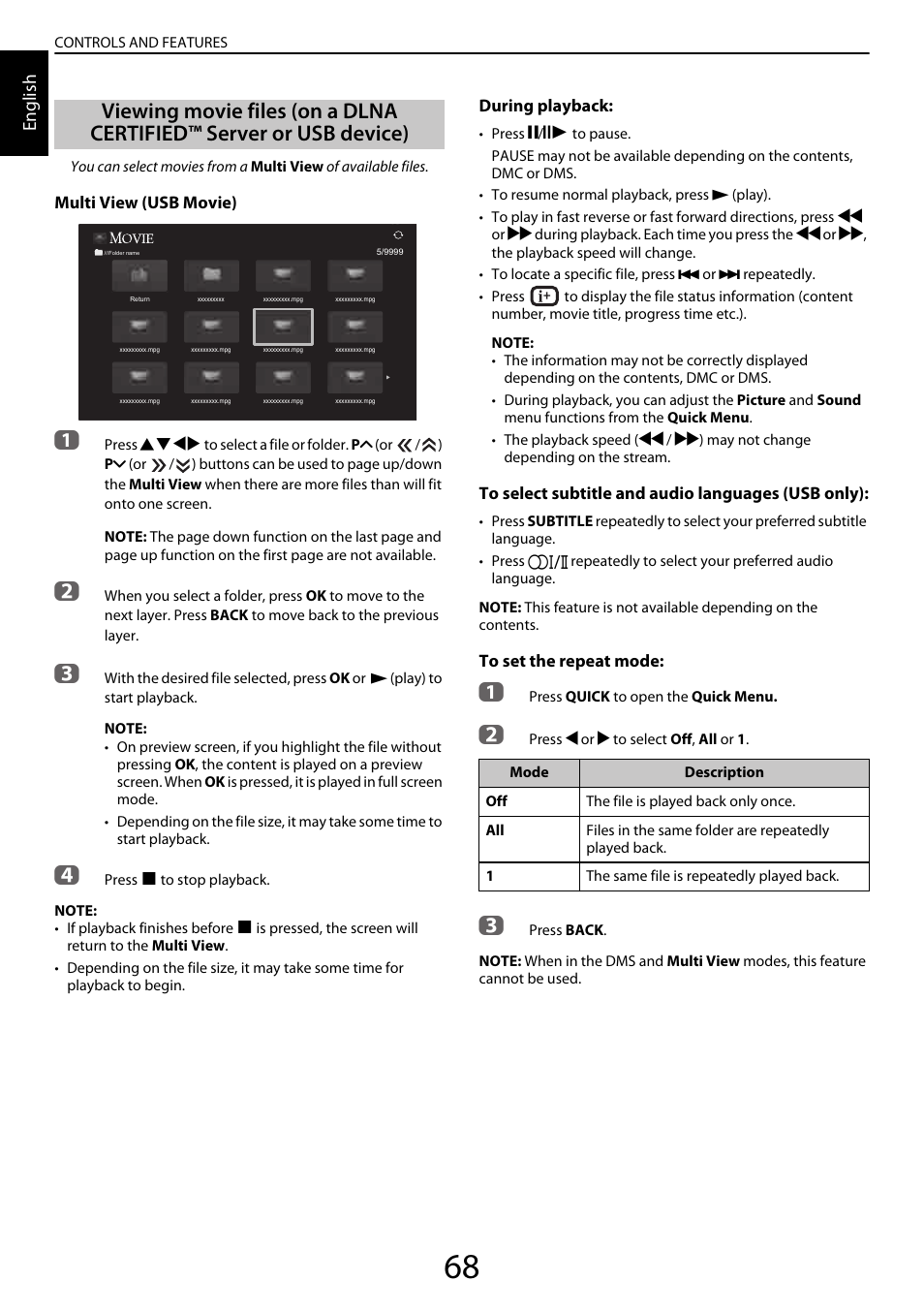 Viewing movie files, On a dlna certified™ server or usb device), English | Toshiba YL985 User Manual | Page 68 / 102