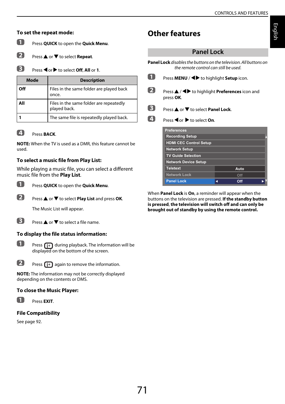 Other features, Panel lock | Toshiba YL985 User Manual | Page 71 / 102