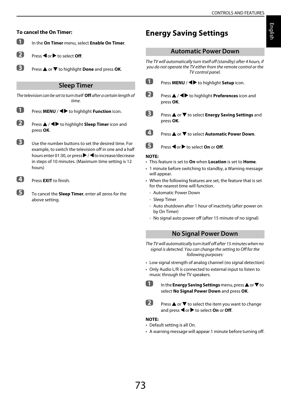 Sleep timer, Energy saving settings, Automatic power down | No signal power down, Automatic power down no signal power down | Toshiba YL985 User Manual | Page 73 / 102