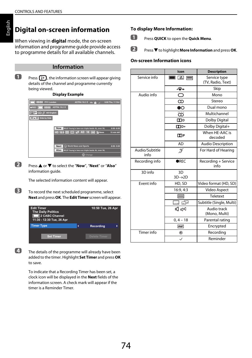 Digital on-screen information, Information, English | On-screen information icons | Toshiba YL985 User Manual | Page 74 / 102