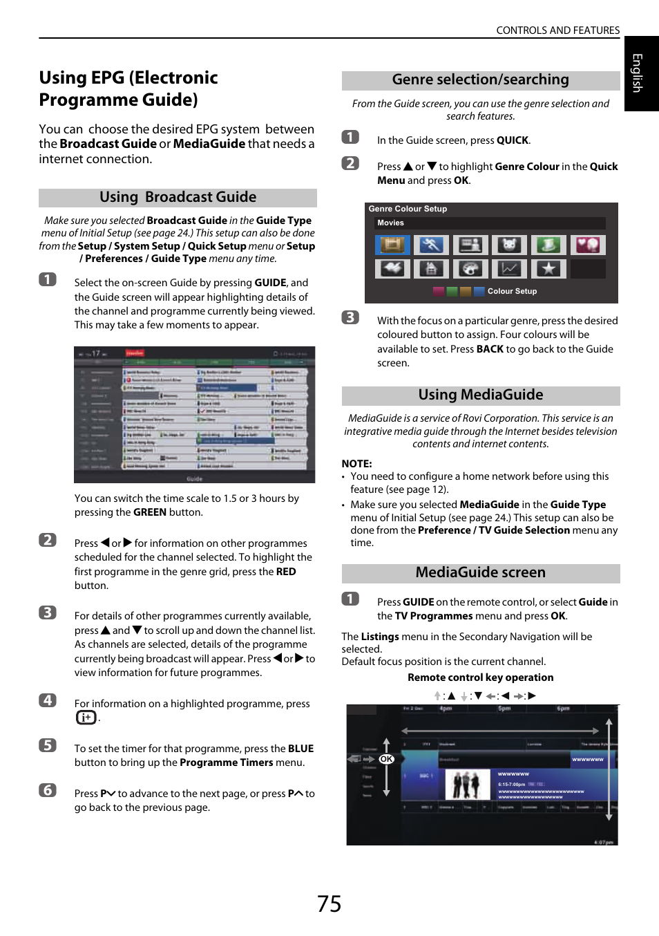 Using epg (electronic programme guide), Using broadcast guide, Genre selection/searching | Using mediaguide, Mediaguide screen | Toshiba YL985 User Manual | Page 75 / 102