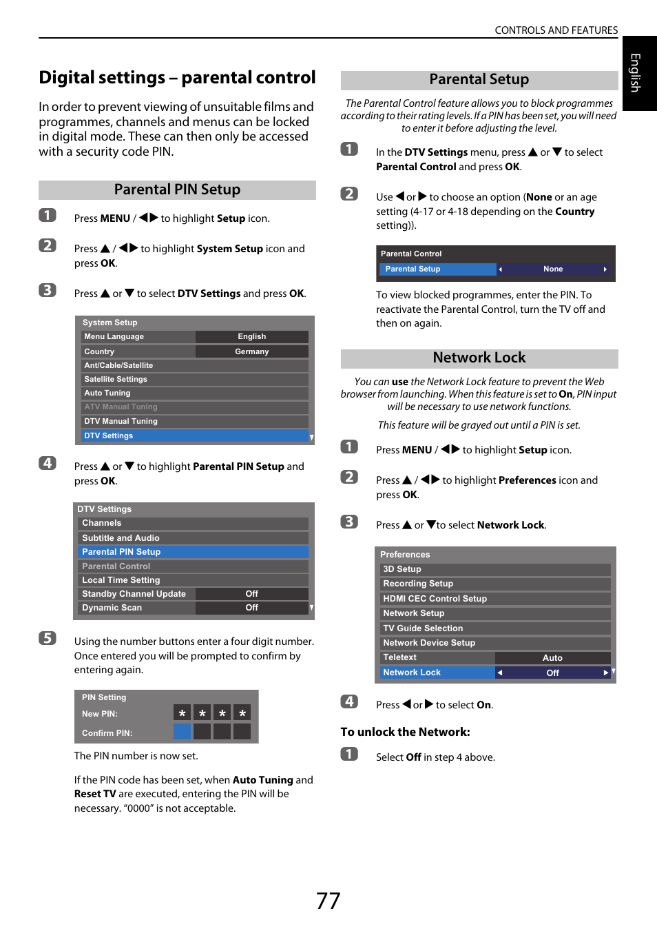 Digital settings – parental control, Parental pin setup, Parental setup | Network lock, Parental pin setup parental setup network lock, Parental setup network lock | Toshiba YL985 User Manual | Page 77 / 102