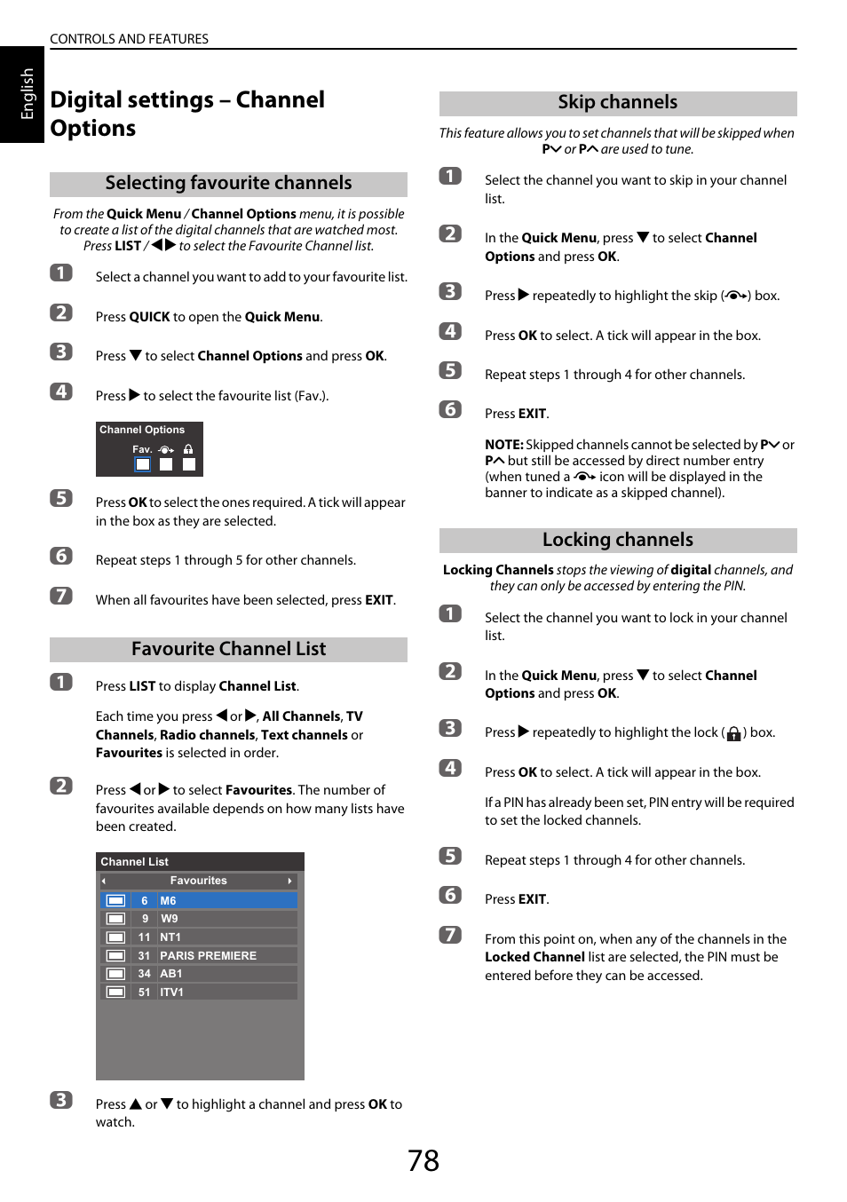 Digital settings – channel options, Selecting favourite channels, Favourite channel list | Skip channels, Locking channels, Skip channels locking channels | Toshiba YL985 User Manual | Page 78 / 102