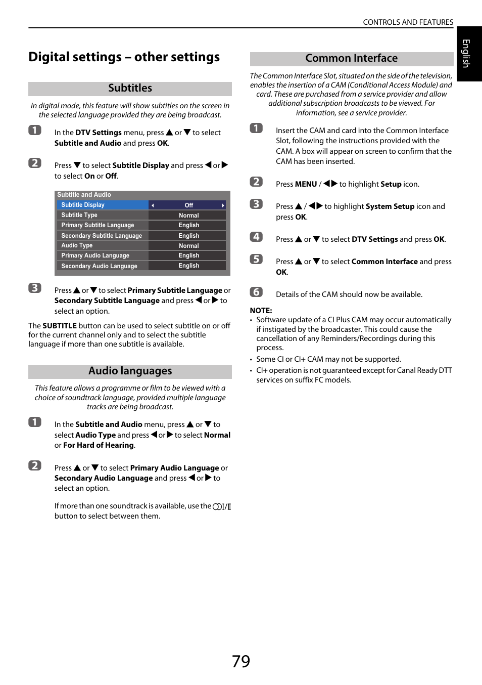 Digital settings – other settings, Subtitles, Audio languages | Common interface, Subtitles audio languages common interface, Subtitles audio languages | Toshiba YL985 User Manual | Page 79 / 102