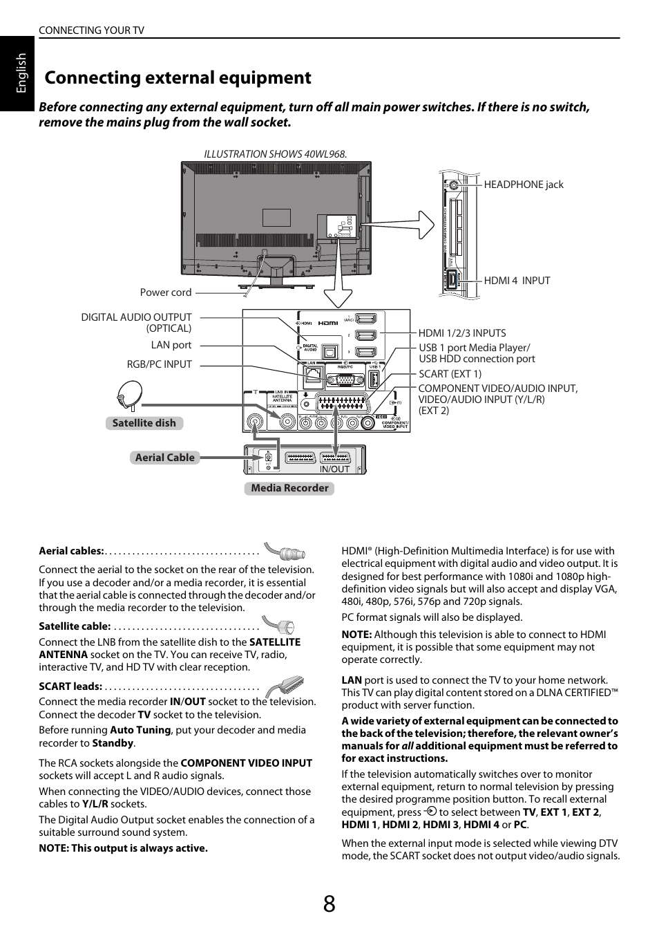 Connecting your tv, Connecting external equipment | Toshiba YL985 User Manual | Page 8 / 102