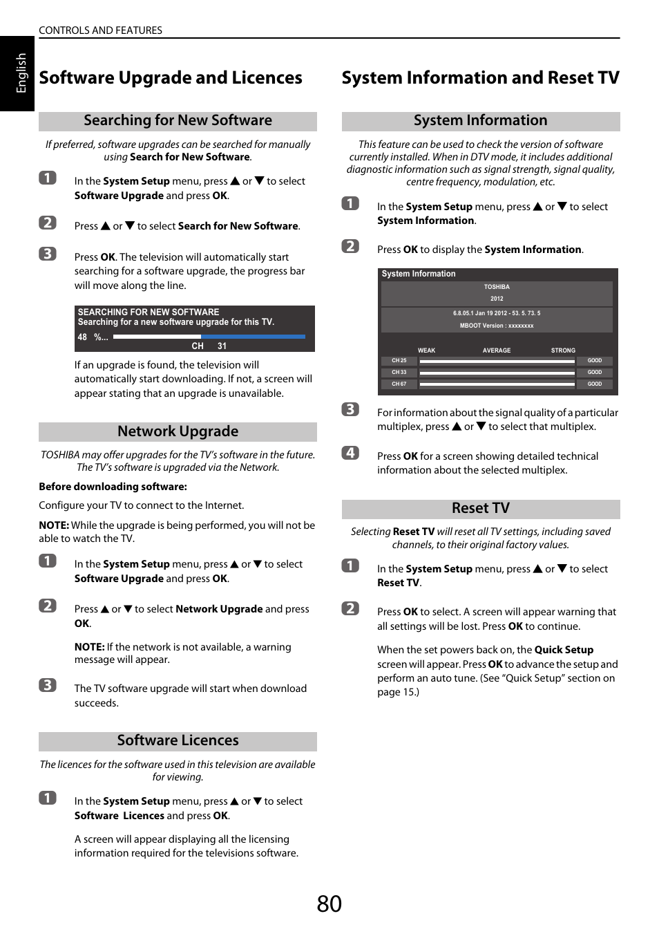 Software upgrade and licences, Searching for new software, Network upgrade | Software licences, System information and reset tv, System information, Reset tv, System information reset tv | Toshiba YL985 User Manual | Page 80 / 102