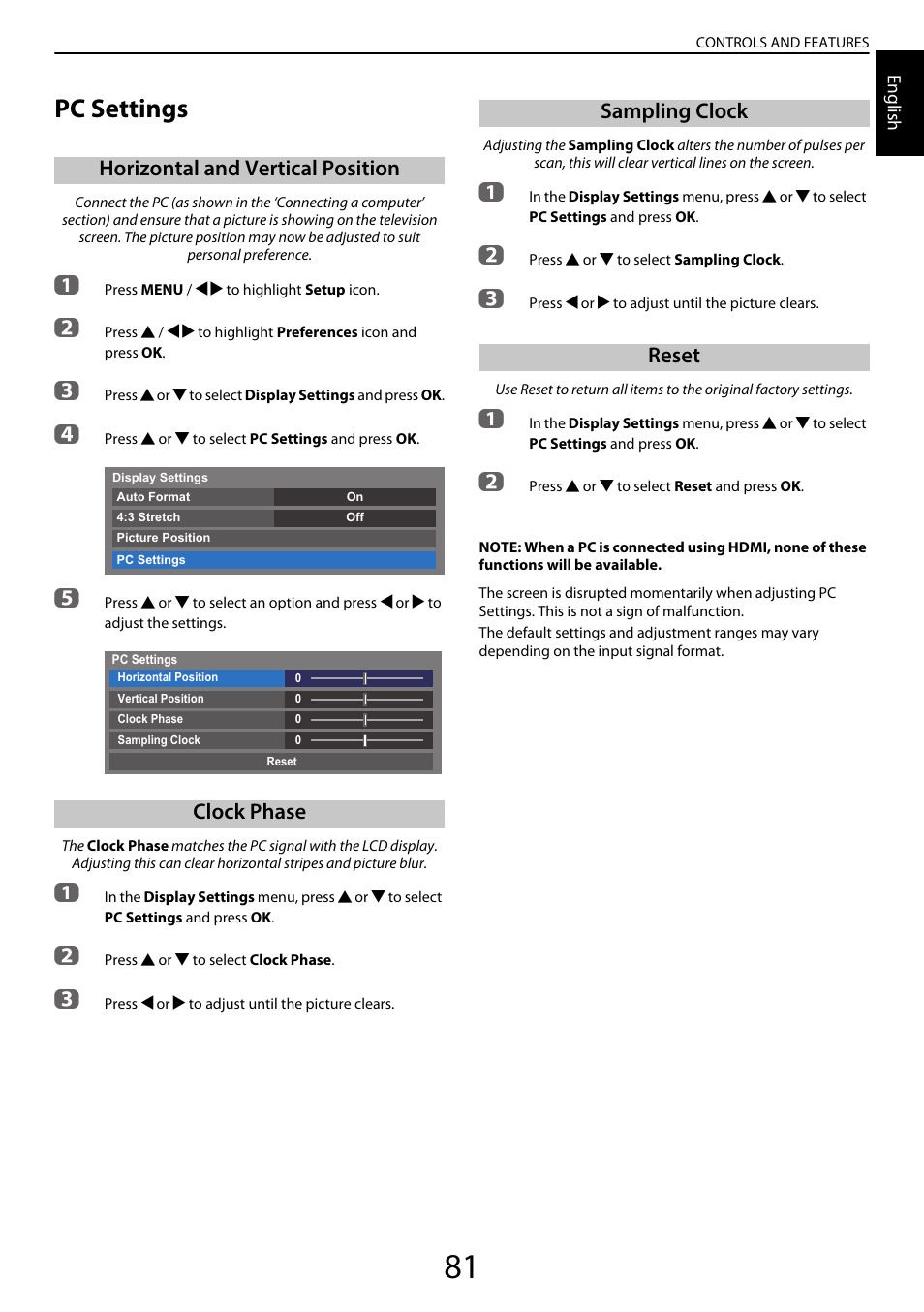 Pc settings, Horizontal and vertical position, Clock phase | Sampling clock, Reset, Horizontal and vertical position clock phase, Sampling clock reset | Toshiba YL985 User Manual | Page 81 / 102