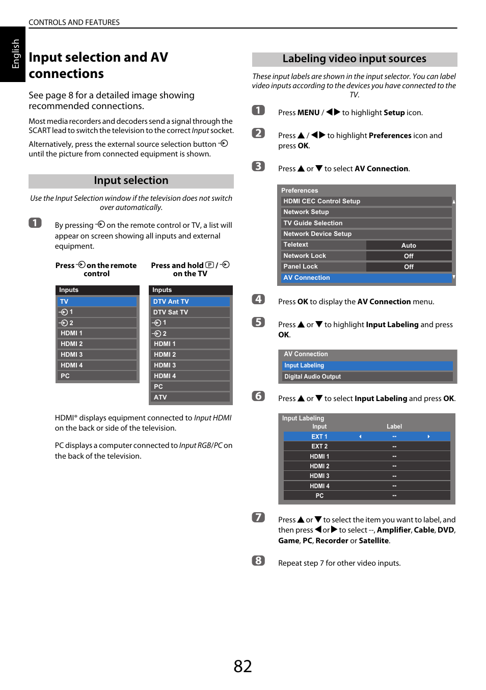 Input selection and av connections, Input selection, Labeling video input sources | Input selection labeling video input sources, English | Toshiba YL985 User Manual | Page 82 / 102