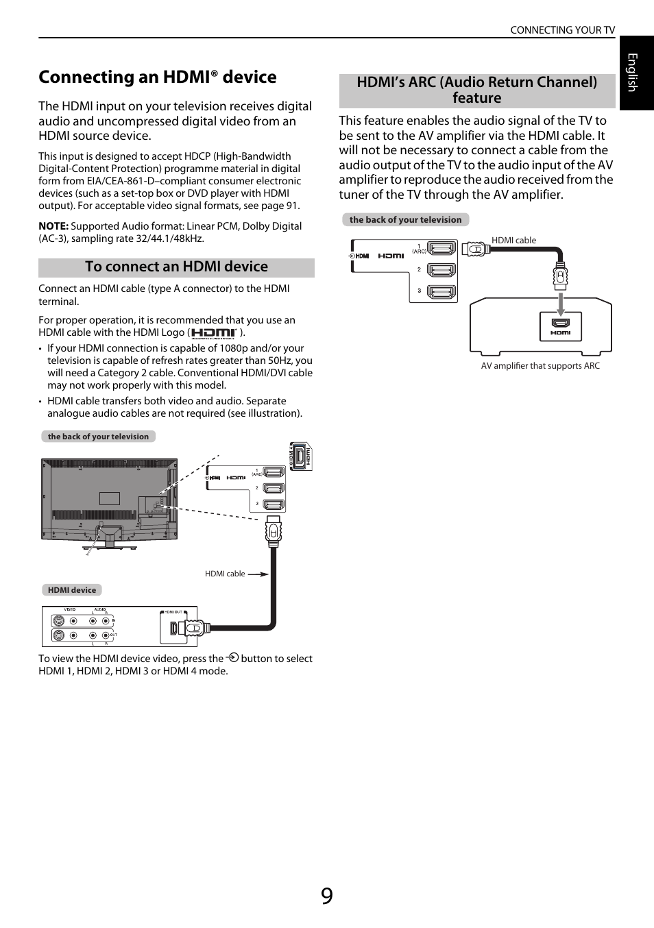 Connecting an hdmi® device, To connect an hdmi device, Hdmi’s arc (audio return channel) feature | Toshiba YL985 User Manual | Page 9 / 102