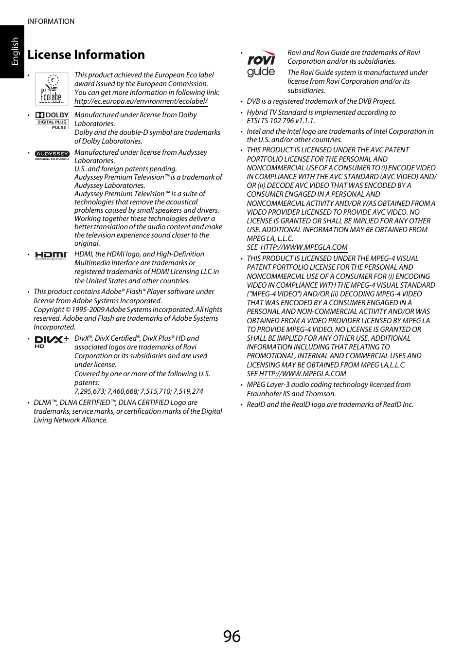 License information, English | Toshiba YL985 User Manual | Page 96 / 102