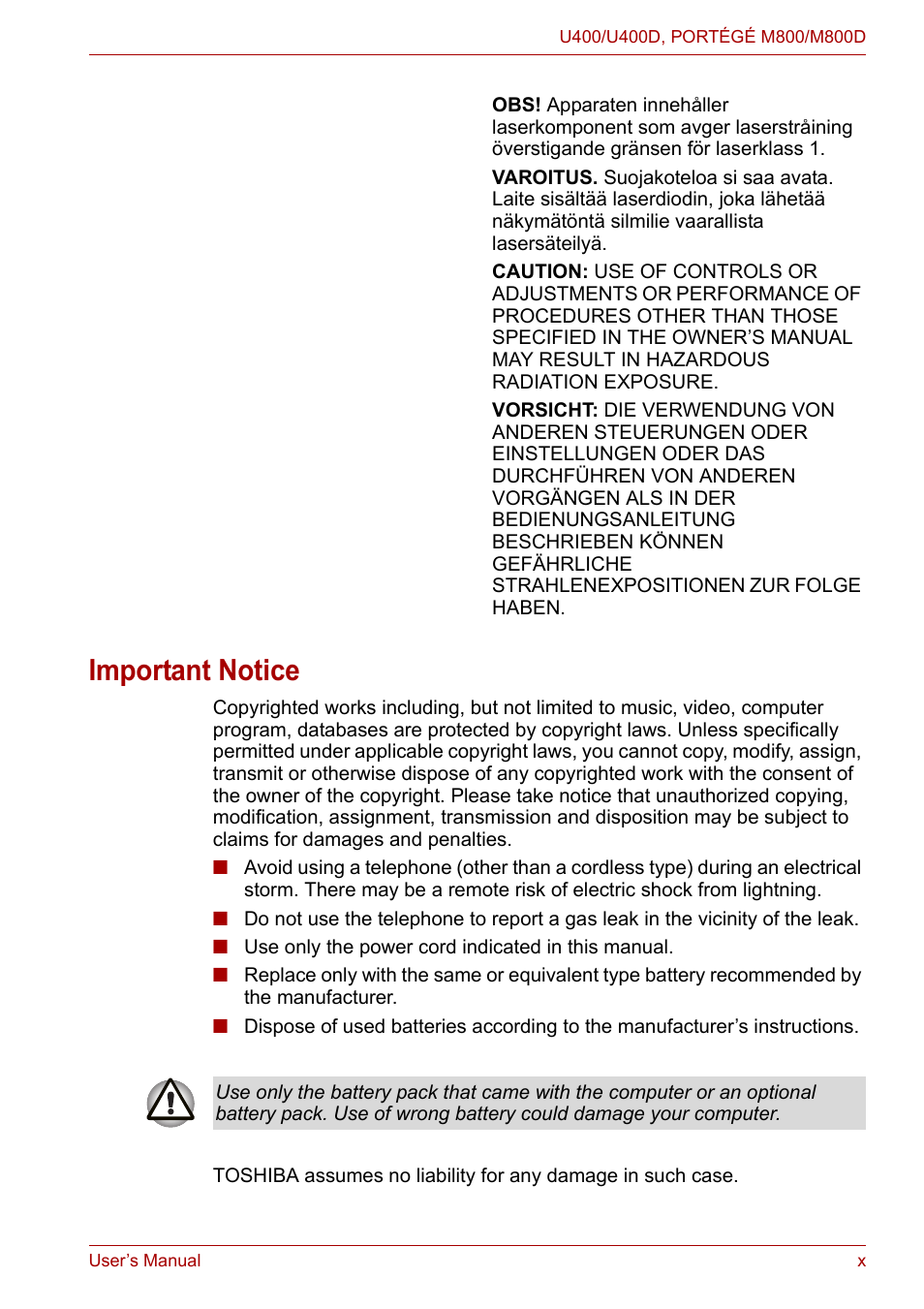 Important notice | Toshiba Satellite Pro U400 User Manual | Page 10 / 175