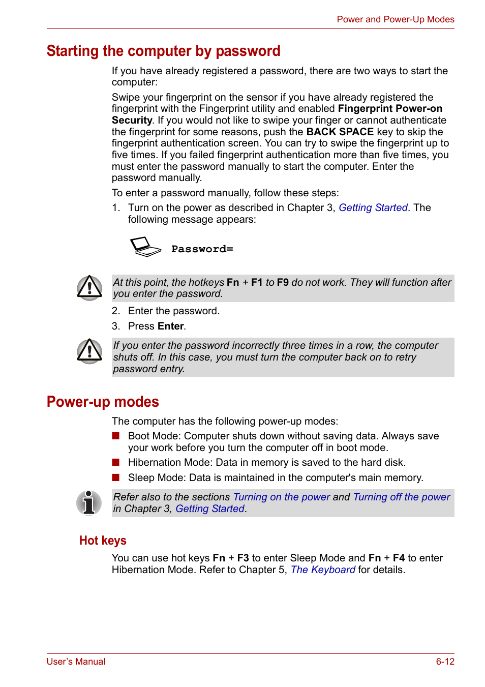 Starting the computer by password, Power-up modes, Hot keys | Toshiba Satellite Pro U400 User Manual | Page 110 / 175