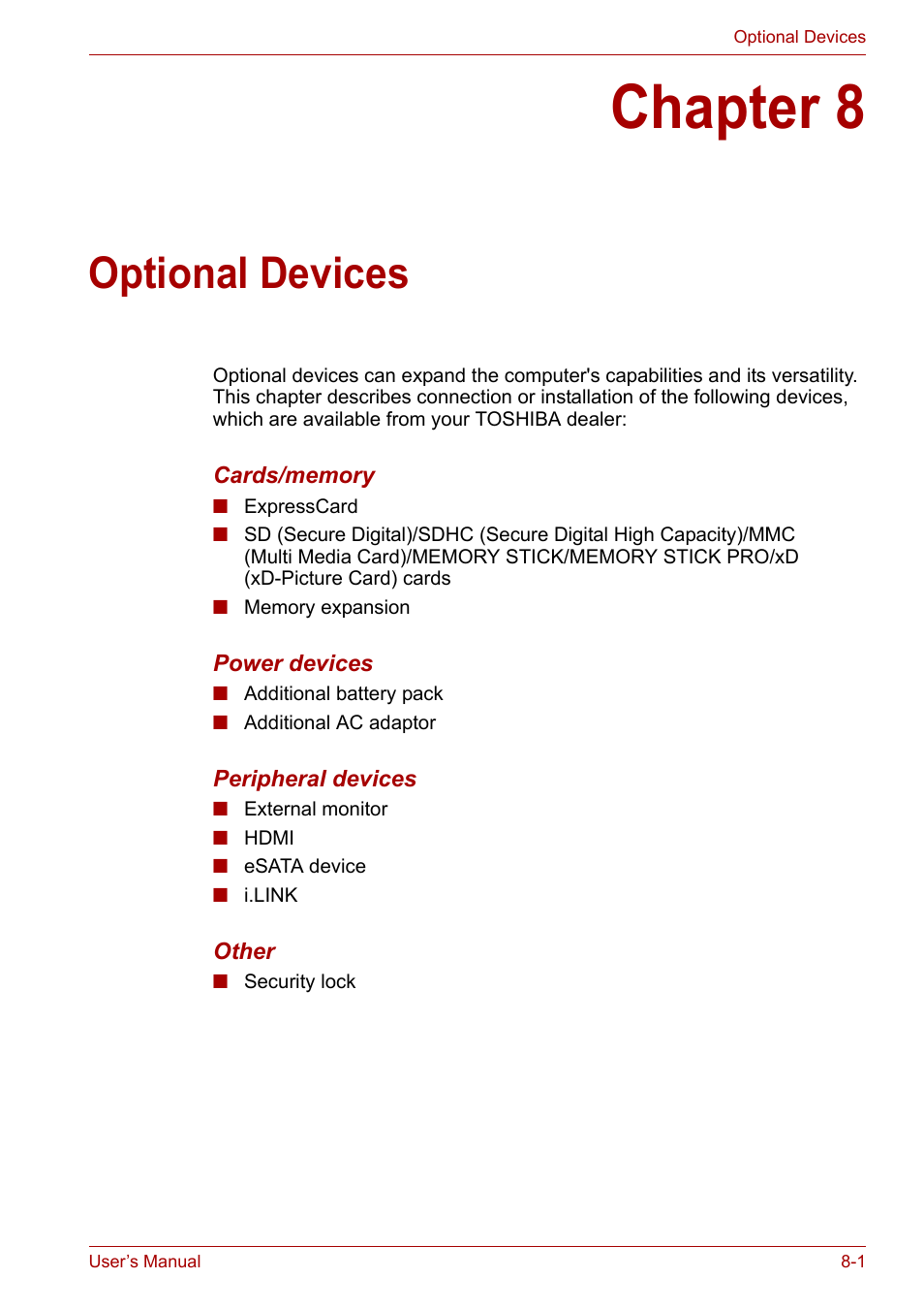 Chapter 8: optional devices, Chapter 8, Optional devices | Toshiba Satellite Pro U400 User Manual | Page 115 / 175