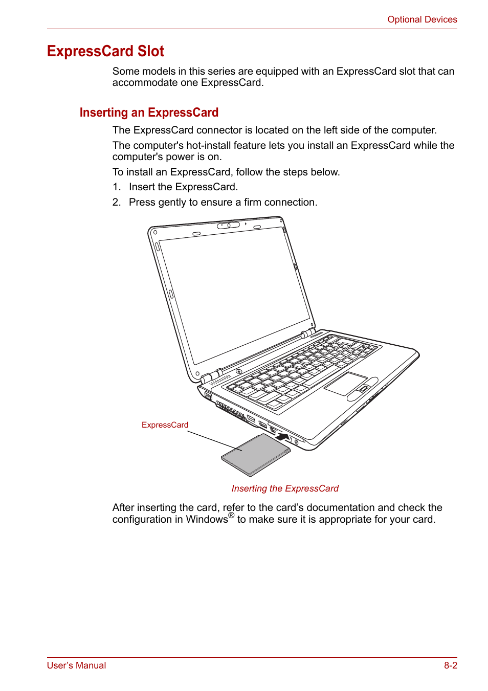 Expresscard slot, Expresscard slot -2, Inserting an expresscard | Toshiba Satellite Pro U400 User Manual | Page 116 / 175