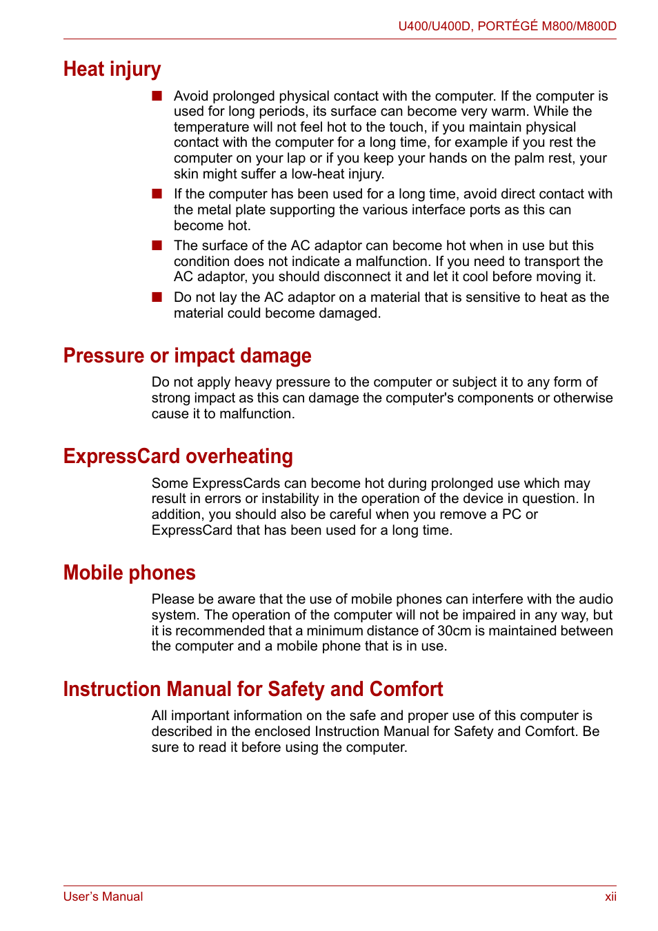 Heat injury, Pressure or impact damage, Expresscard overheating | Mobile phones, Instruction manual for safety and comfort | Toshiba Satellite Pro U400 User Manual | Page 12 / 175