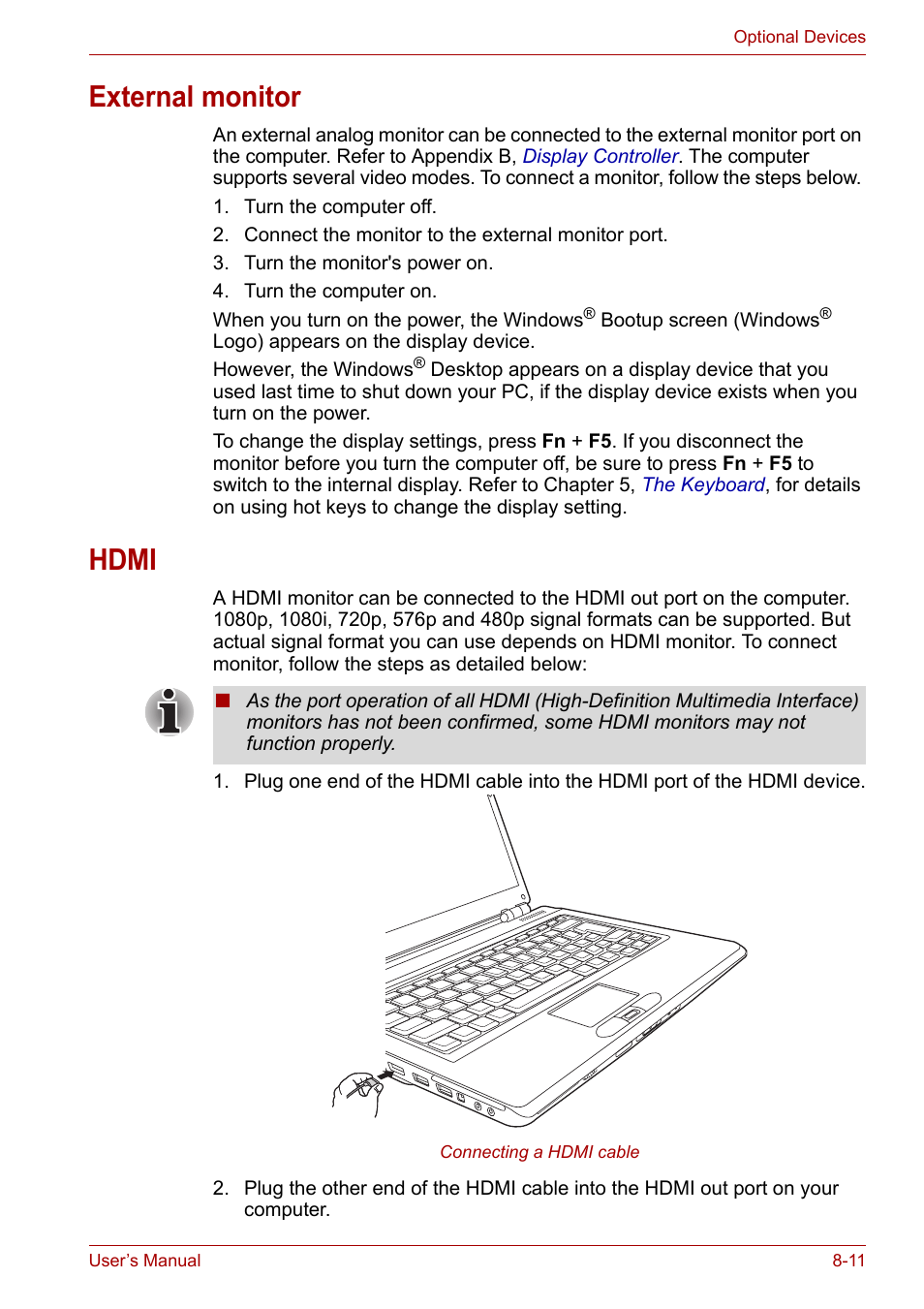 External monitor, Hdmi, External monitor -11 hdmi -11 | Toshiba Satellite Pro U400 User Manual | Page 125 / 175